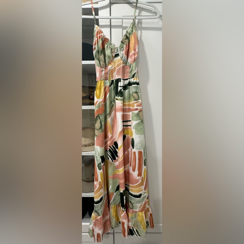 Simplee -  Abstract Maxi Dress - Green, Pink, Orange Small